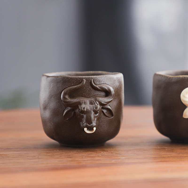 阅锐 复古老严泥手握创意陶瓷无把杯家用茶杯粗陶杯子牛气冲天杯