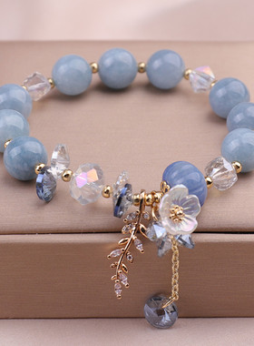 新款天然石水晶手链女ins小众设计叶子花朵水晶手串闺蜜学生手饰