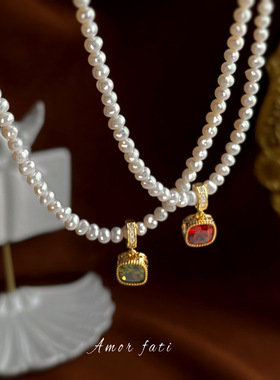 5A级强光淡水珍珠项链法式复古锆石锁骨链轻奢高级感镀18k金颈链