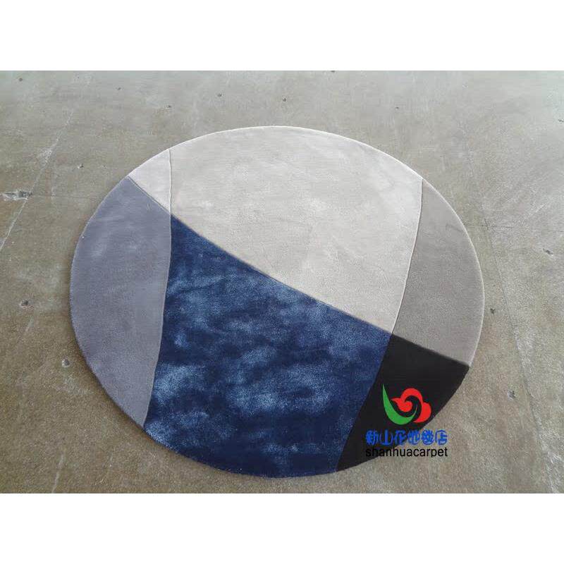 现代简约蓝色格子圆形手工羊毛客厅茶几地毯钢琴书桌椅子阳台玄关
