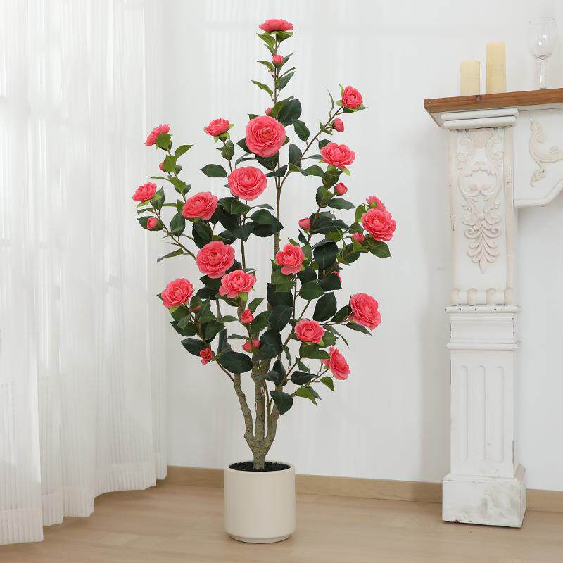 跨境山茶花人造树绿植室内大型绿植落地摆件亚马逊拆装款仿真树