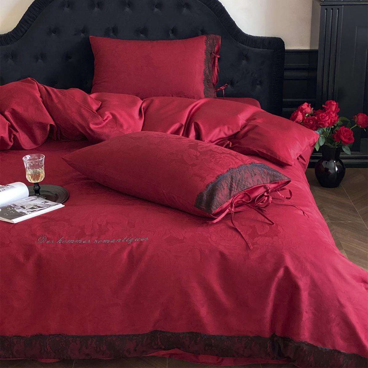 现代风牡丹提花黑蕾丝高定婚庆结婚大红陪嫁床品纯棉长绒棉四件套