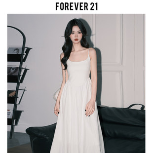 Forever 21温柔U领吊带洋装女浅春系收腰A字长裙韩系初恋小白裙