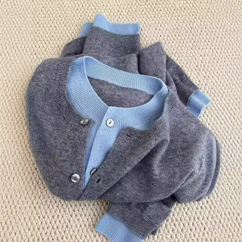 灰色拼接撞色假两件针织开衫外套秋冬独特别致软糯内搭打底上衣女