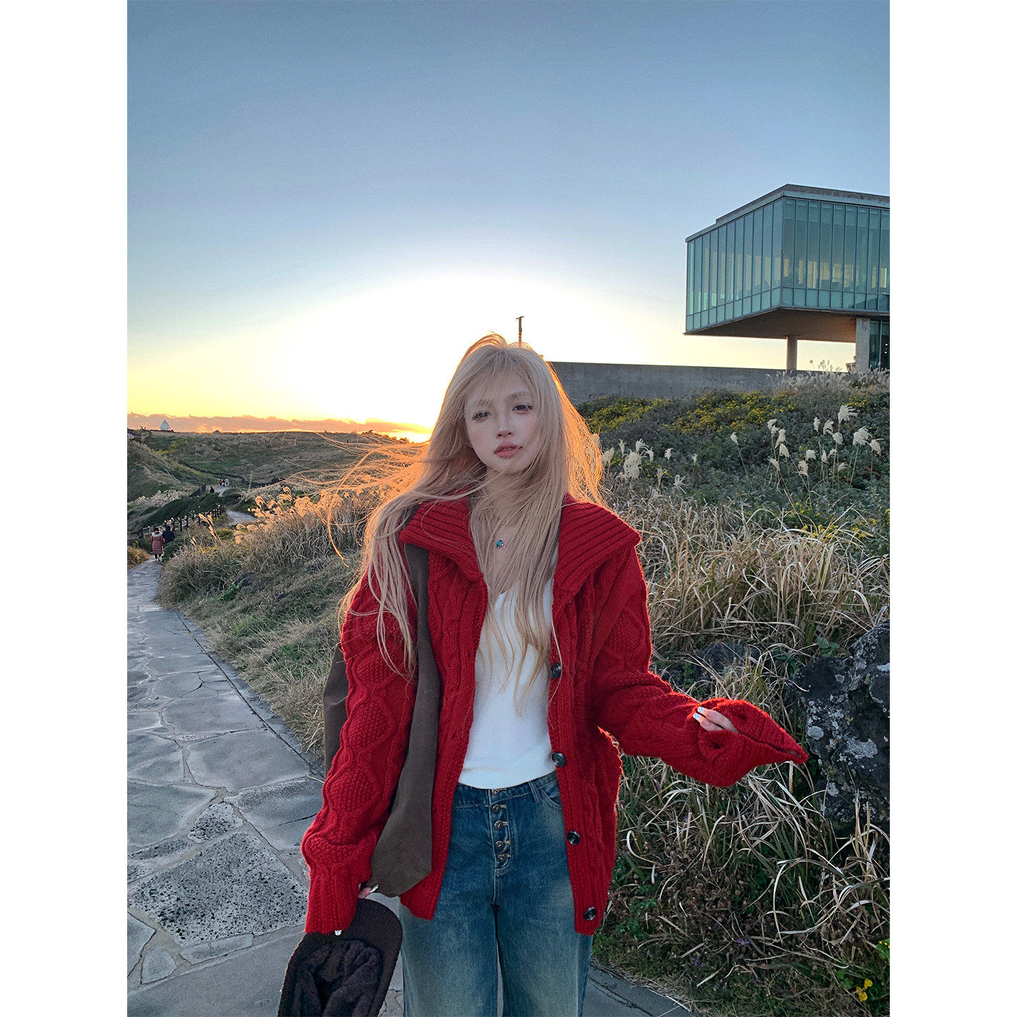 Ceezzzi 热颂绯红 麻花红色毛衣外套女韩系宽松慵懒刺绣针织开衫