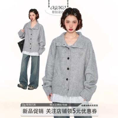 灰色翻领毛衣开衫外套女