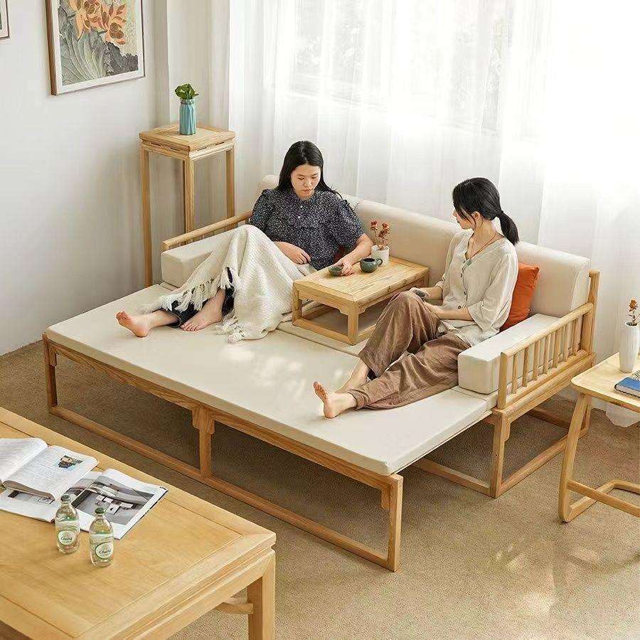 罗汉床实木推拉床沙发床原木色两用小户型客厅家用伸缩简易沙发