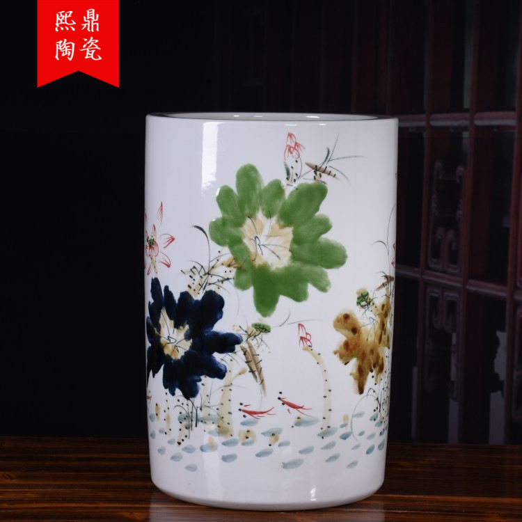 陶瓷工艺品直销手绘窑变荷花书画筒卷轴缸落地花瓶书房客厅摆设