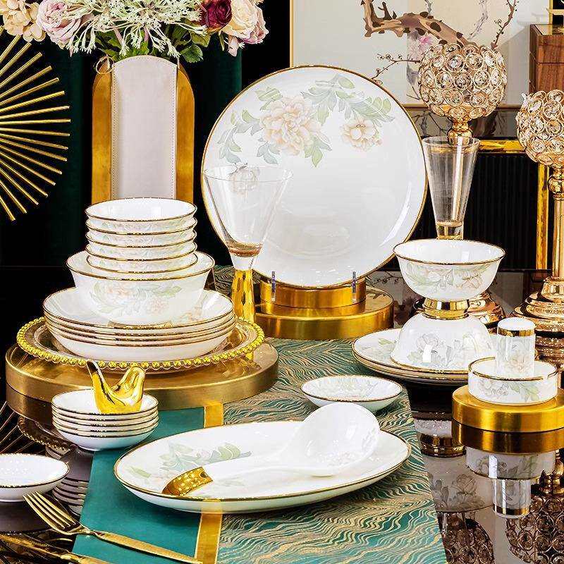 高档骨瓷餐具套装家用景德镇陶瓷碗碟中式碗盘碟子组合全套