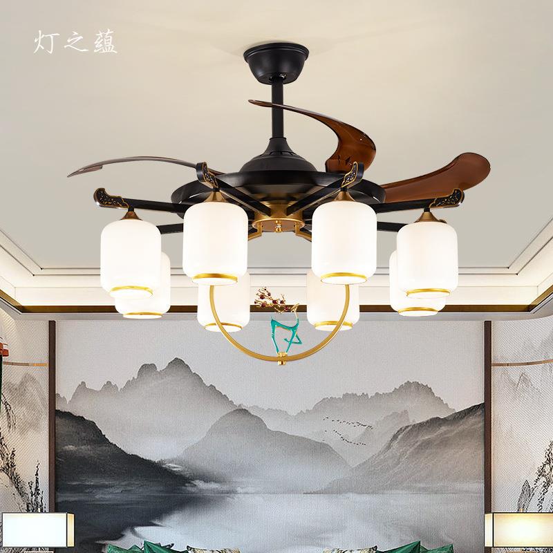 新中式风扇灯客厅灯隐形吊扇灯家用现代一体茶楼餐厅卧室电风扇灯
