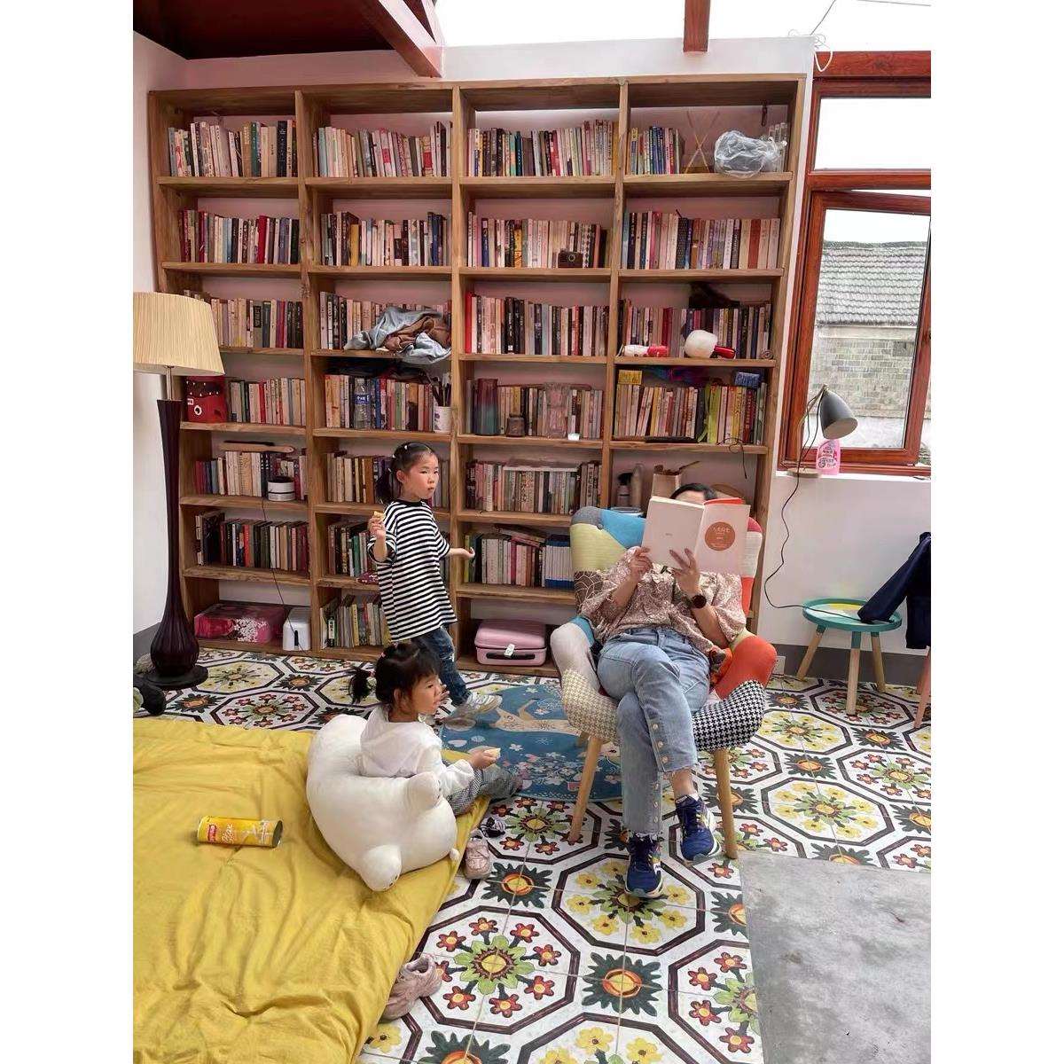 原木书架老榆木整墙格子架可订隔断客厅实木书柜可订满墙收纳书架
