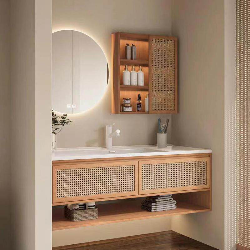 原木风浴室柜组合复古藤编岩板热弯一体卫生间洗手脸盆日式洗漱台