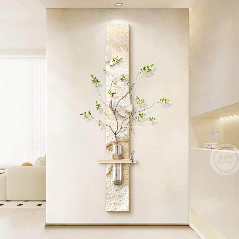 原木奶油风玄关装饰画竖版长条水培绿植走廊过道挂画入户门墙壁画