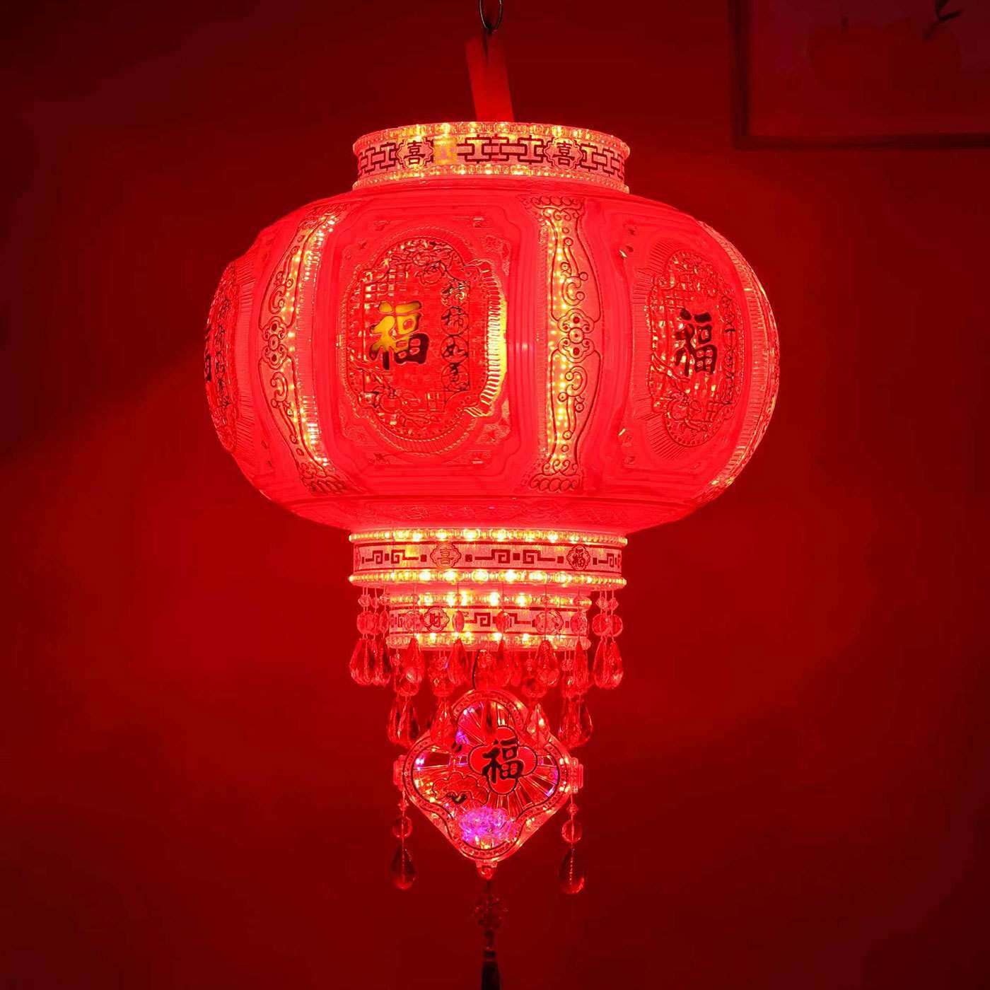 2026新年福字灯笼大门阳台旋转发光走马灯春节装饰圆形PVC灯笼