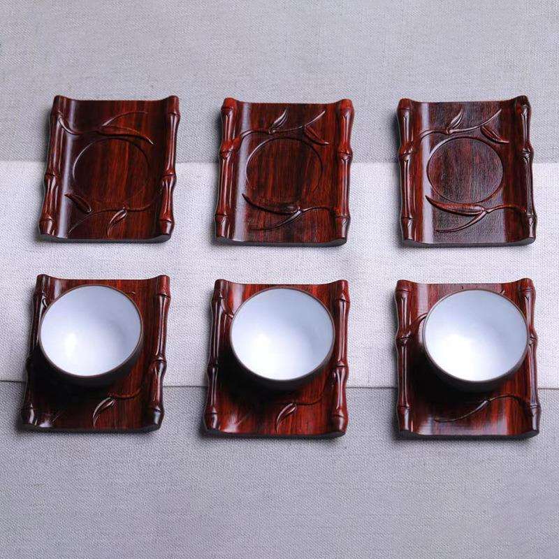 印尼紫檀雕刻竹韵款茶杯垫 规格7×8×1.1托茶垫隔热茶托茶道拖盘