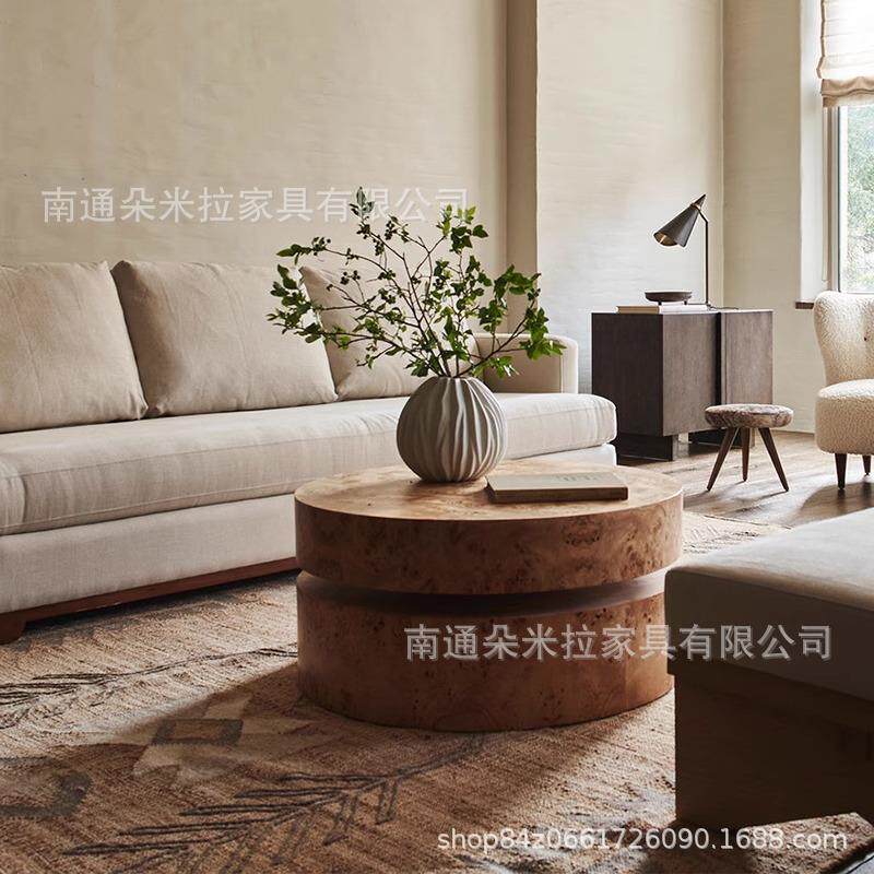 东方复古实木茶几客厅2024新款极简圆形树瘤皮沙发角几床头边几