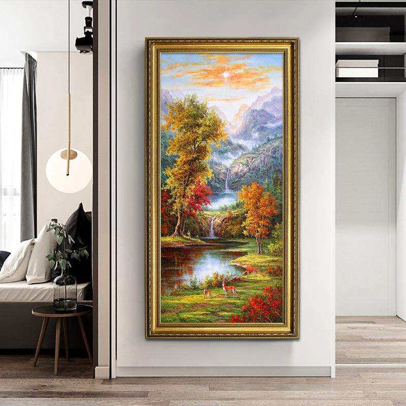 美式纯手绘日出瀑布山水入户玄关风景油画欧式走廊过道装饰画挂画