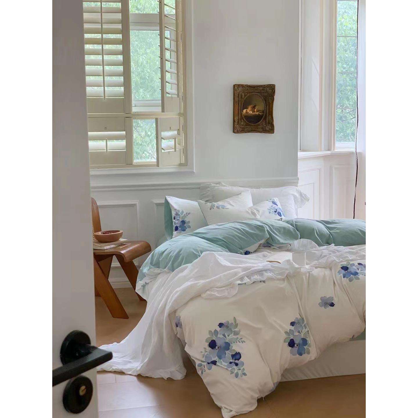 小清新油画设计师A类全棉针织棉四件套田园风花卉天竺棉纯棉被套