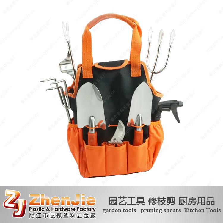 现货高品质新款袋装不锈钢十件套园艺工具套装花园用具铲耙锹剪