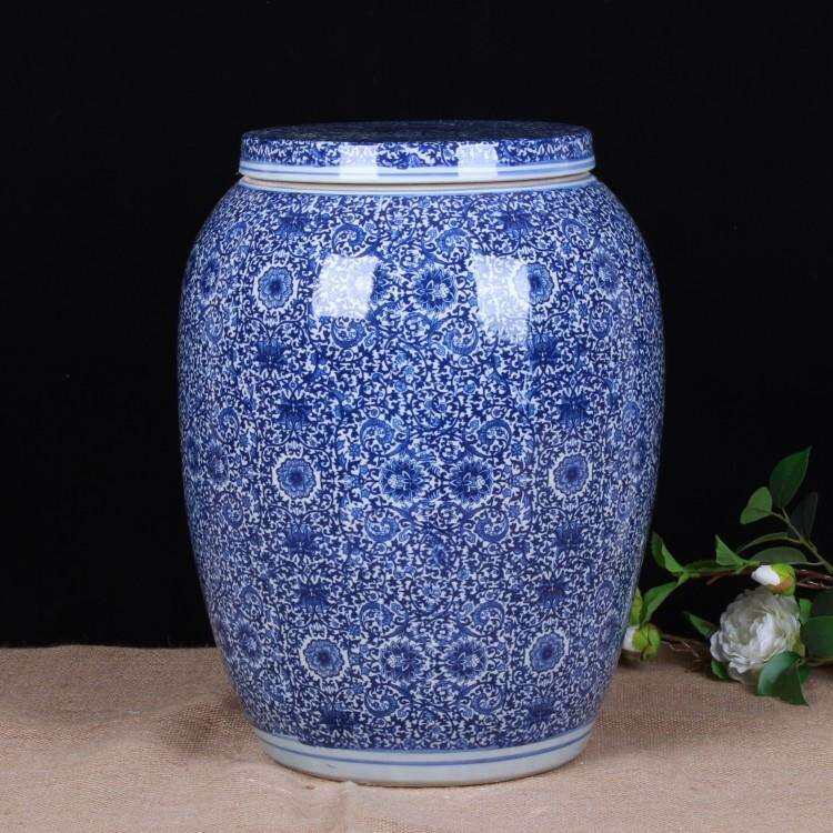 景德镇陶瓷仿古青花米桶储物罐腌菜坛储米箱 带盖50斤装坐凳