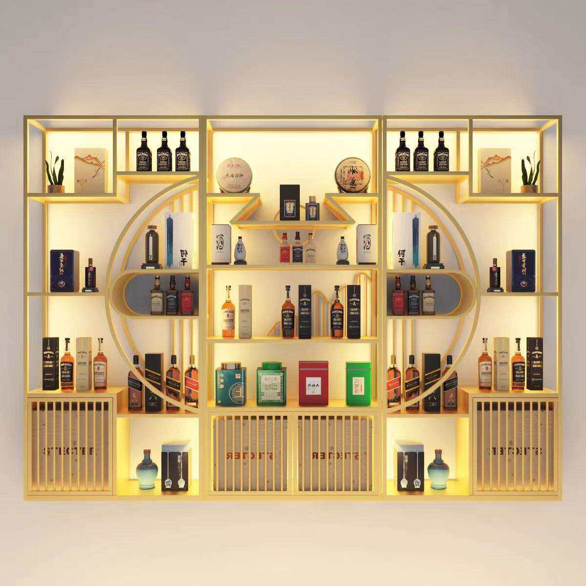 新中式酒柜博古架组合轻奢铁艺置物架酒架办公室隔断多宝阁展示架