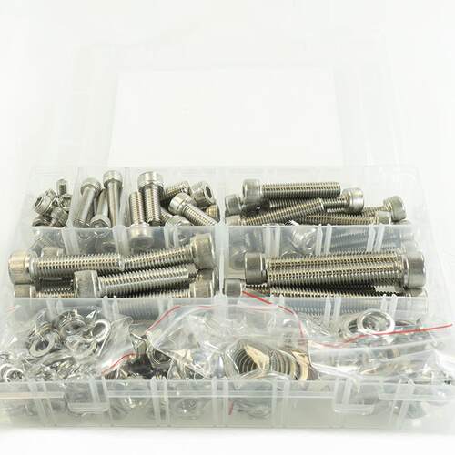 256pcs不锈钢304圆柱头内六角螺钉M6M8M10配平垫弹垫螺母扳手套装