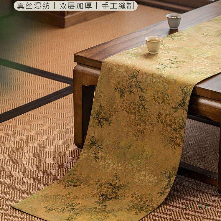 新中式禅意香云纱茶席茶几长款桌旗秋冬防水茶桌垫干泡席桌布