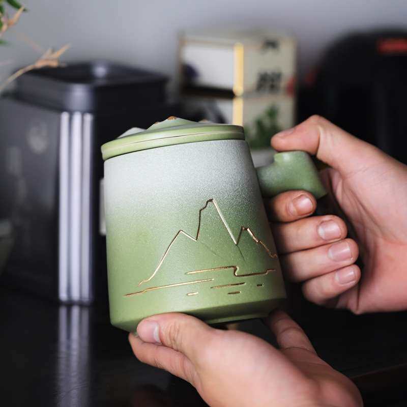 茶水分离泡茶杯子喝水大容量男女陶瓷杯办公室马克杯新中式陶瓷杯