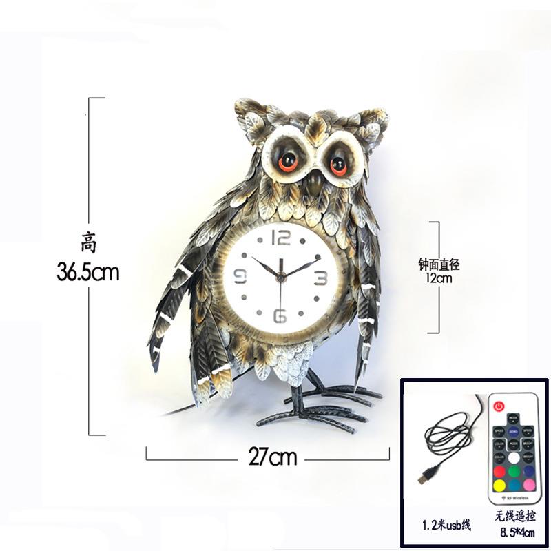 铁艺工艺钟座钟 猫头鹰创意钟表 客厅轻奢摆钟动物夜光带灯36.5c