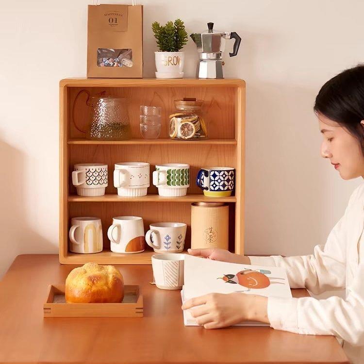 桌面杯架桌上实木收纳置物架格子搁架北欧现代茶具展示架樱桃色