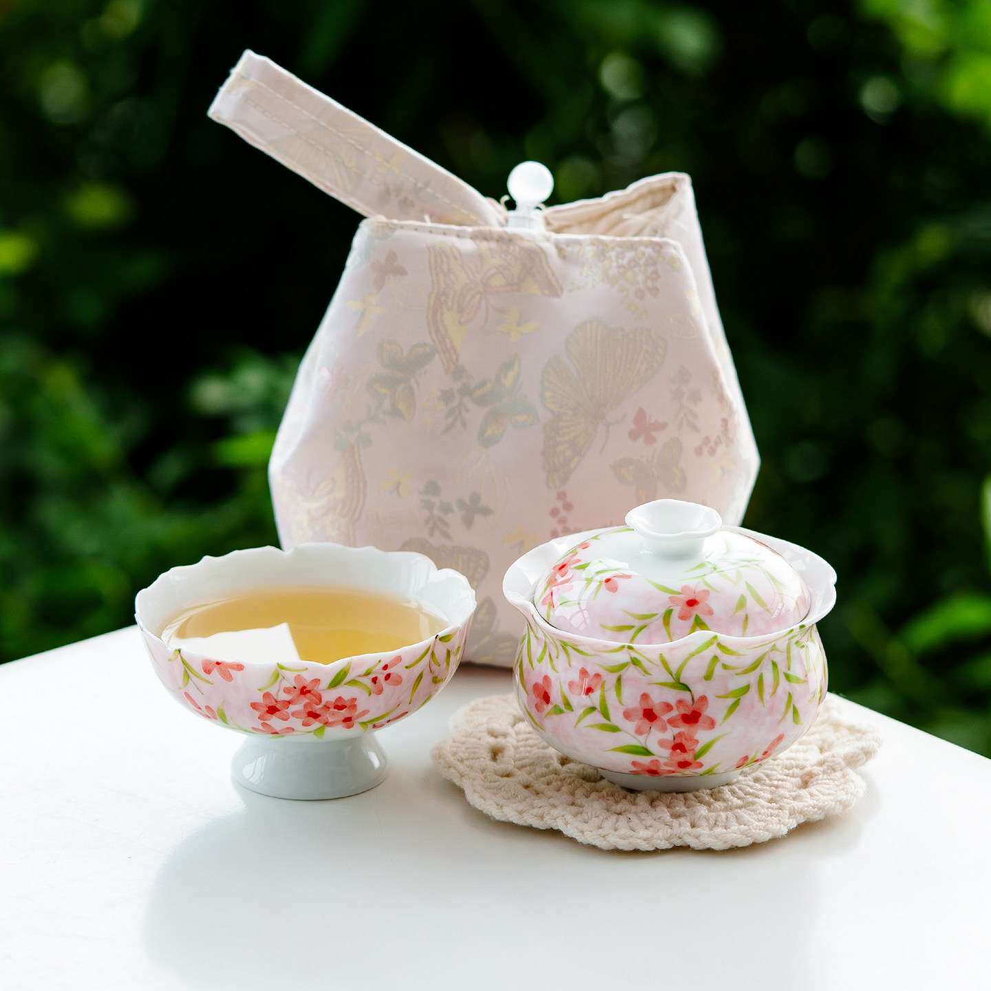 手绘叶蔓粉樱便携式旅行茶具陶瓷一人饮快客杯户外露营泡茶碗套装