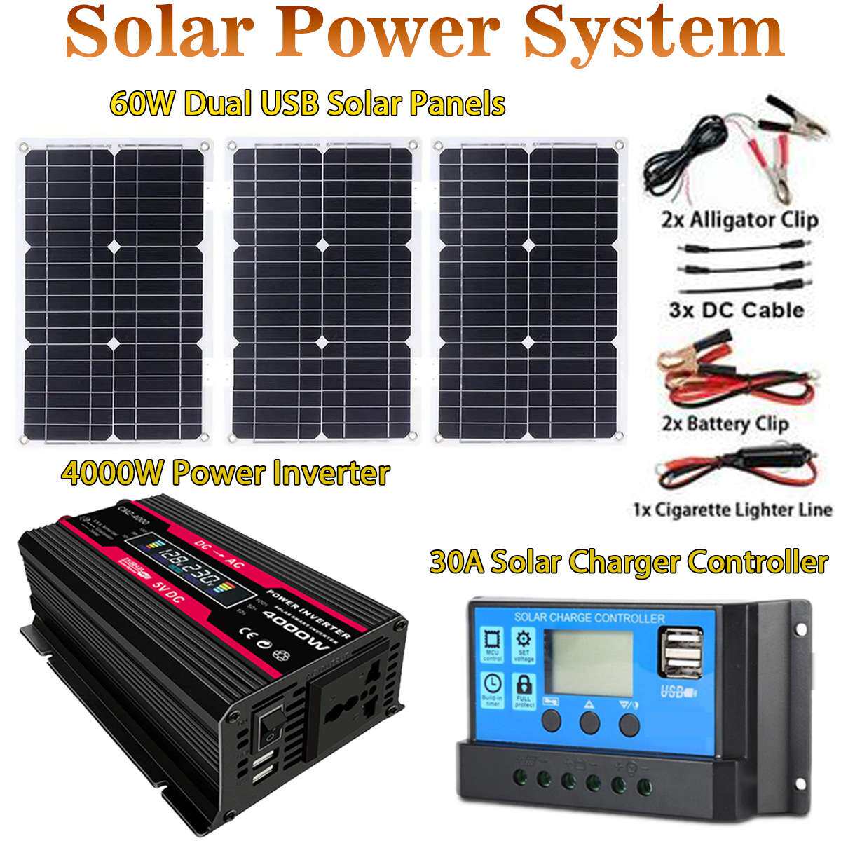 跨境太阳能系统套装300W12V220V/110V+60W18V太阳能板+30A控制器