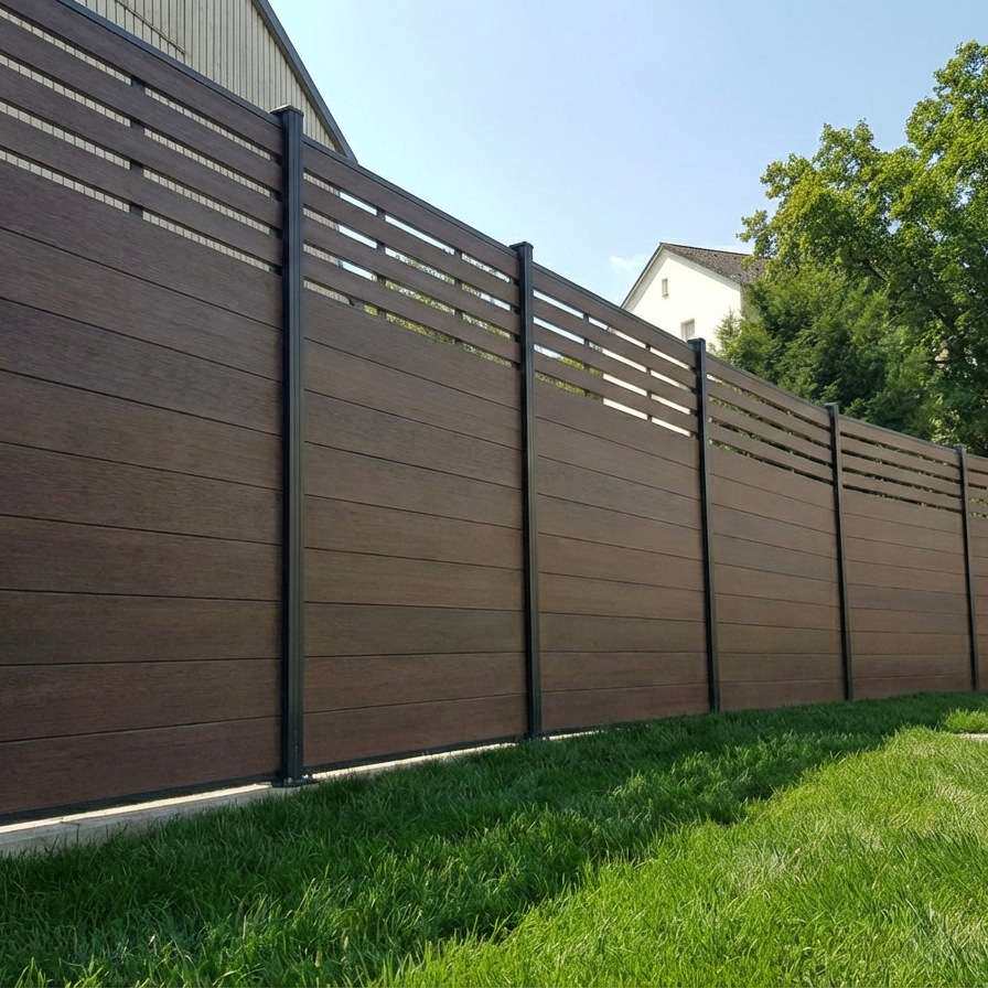 胡桃木色共挤木塑围栏二代塑木围栏花园庭院护栏wpc fence board