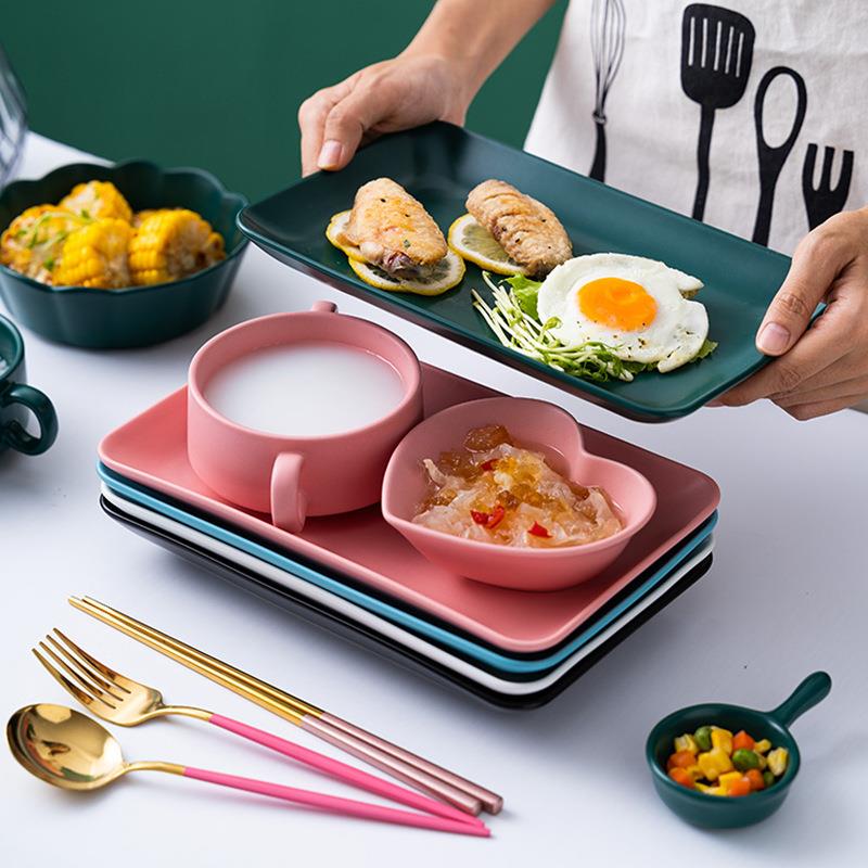 北欧家用色釉创意彩色高颜值一人食陶瓷碗盘勺筷叉碟套装组合外贸