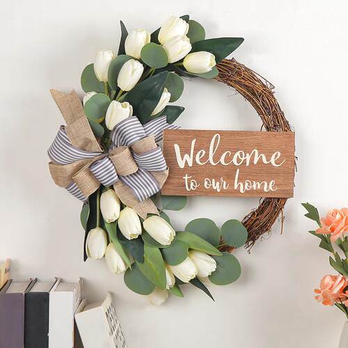 2025跨境新款枯枝木牌郁金香花环Welcome to our home挂牌装饰品