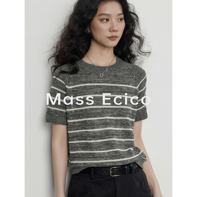 Mass Ecico老钱风高级感条纹短袖针织衫女夏季新款通勤外穿上衣