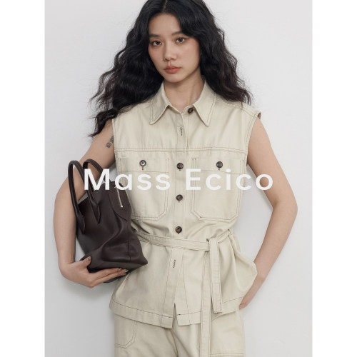 Mass Ecico小众设计感工装无袖衬衫女夏季新款休闲高腰直筒裤套装