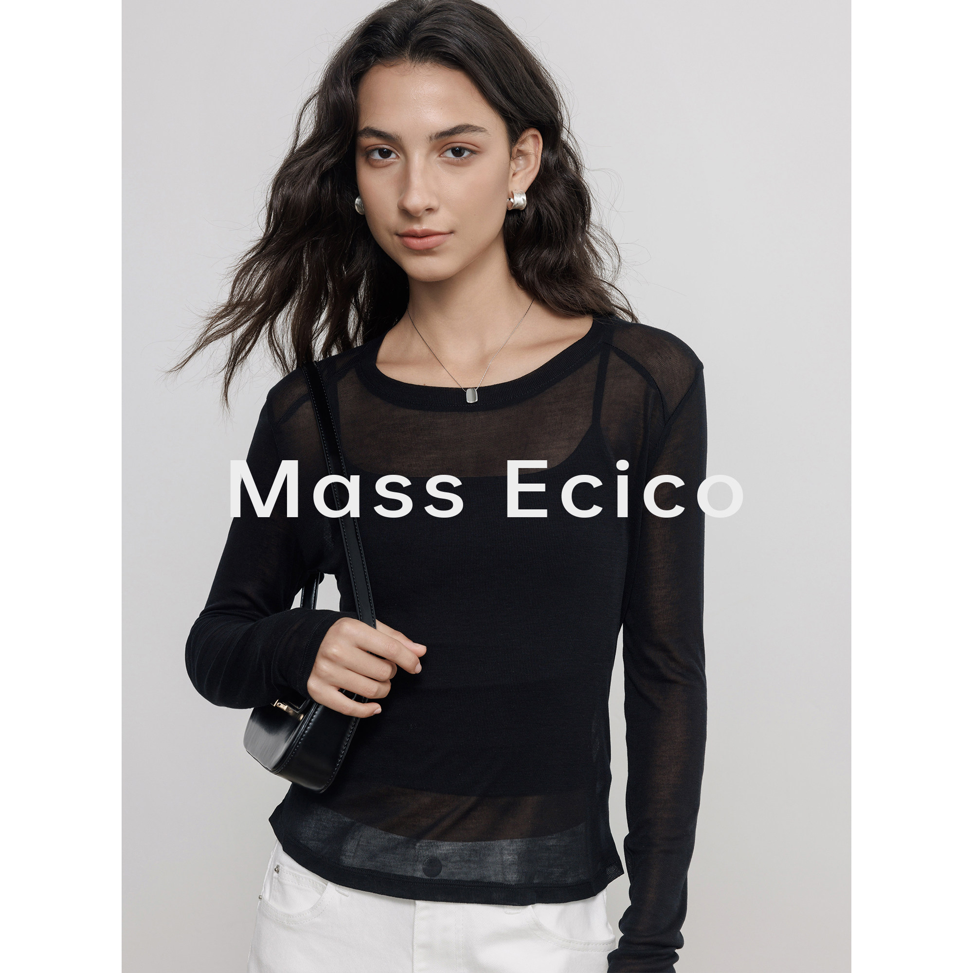 Mass Ecico长袖防晒罩衫女夏季新款纯色圆领高级感薄款套头针织衫