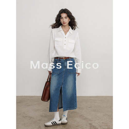 Mass Ecico春季高腰水洗直筒开叉牛仔半身裙女设计感复古老钱长裙