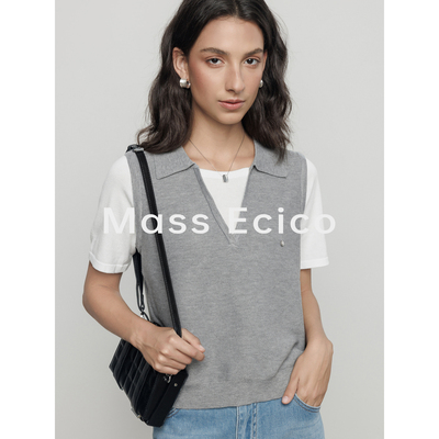 Mass Ecico夏季老钱风松弛感灰色无袖V领假两件针织马甲背心上衣