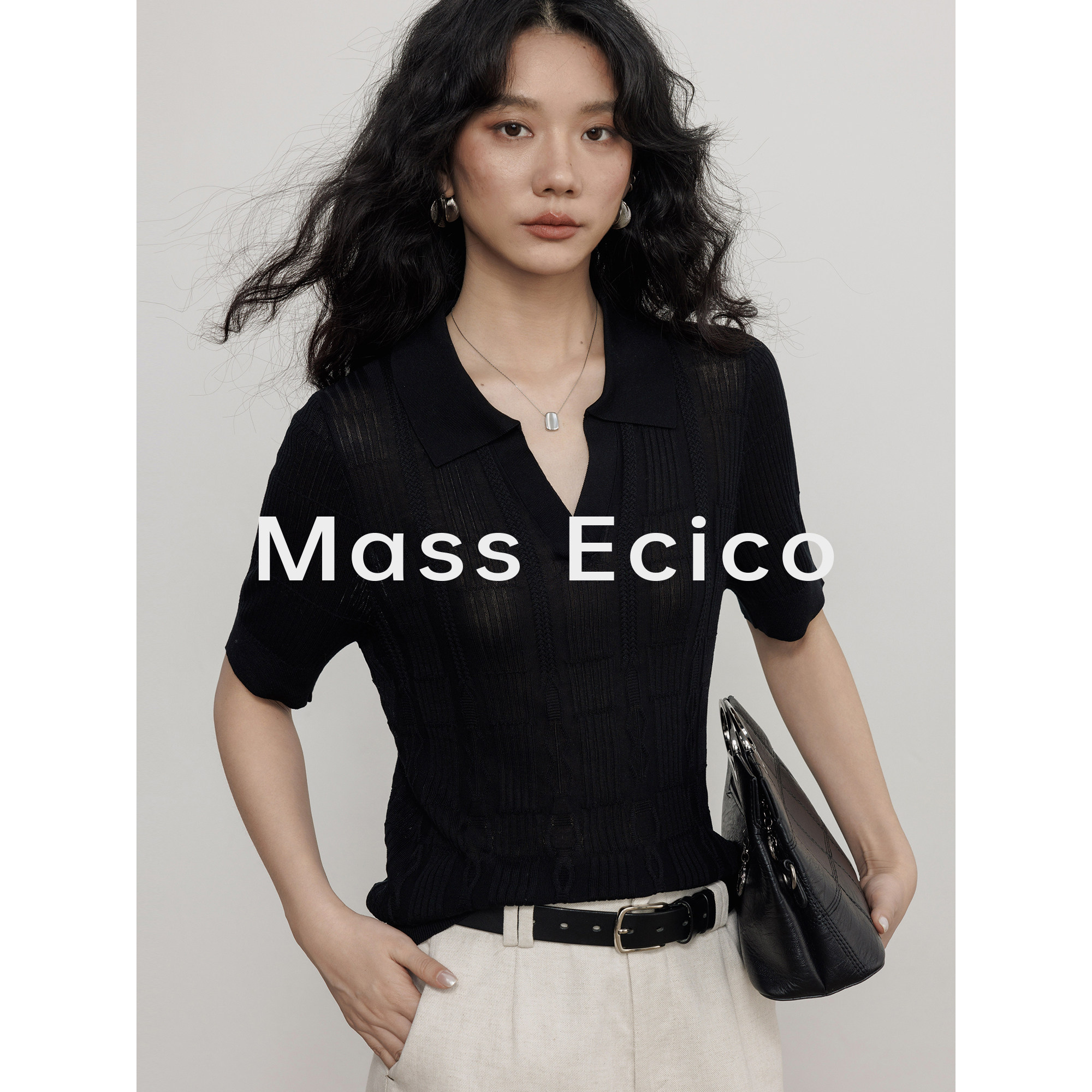 Mass Ecico纯色老钱风天丝针织衫女夏季通勤短袖百搭翻领套头上衣