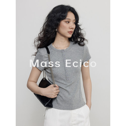 Mass Ecico圆领简约基础短袖针织T恤女夏季宽松慵懒老钱风上衣