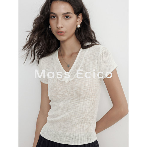 Mass Ecico白色V领短袖针织衫女夏季高级感修身显瘦外穿套头上衣