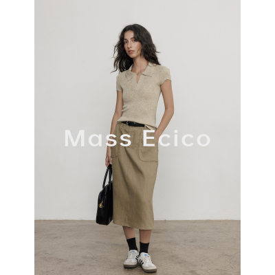 Mass Ecico 100%亚麻老钱风高腰直筒半身裙女夏季通勤工装A字长裙