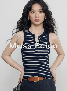 Mass Ecico100棉黑色无袖针织吊带背心女夏季老钱风修身通勤上衣