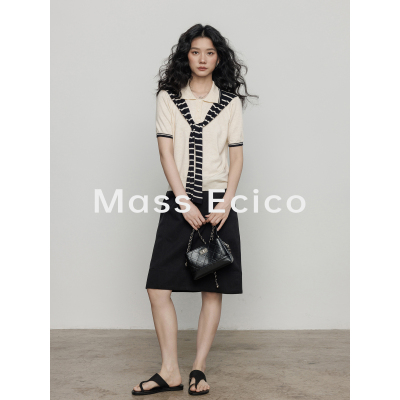 Mass Ecico夏季百搭薄款短袖针织衫女气质通勤小个子显瘦翻领上衣