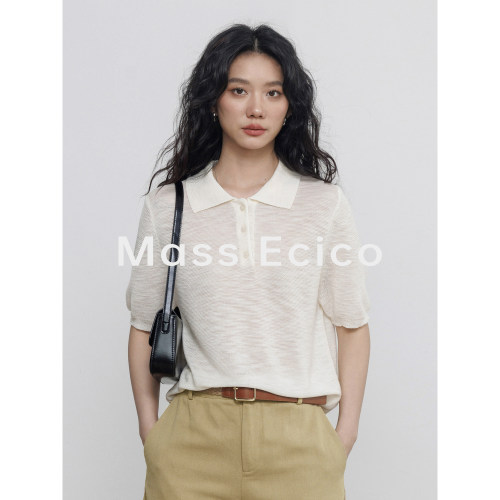 Mass Ecico轻薄宽松慵懒针织衫女夏季polo领短袖百搭上衣简约T恤