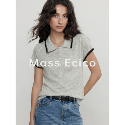 Mass Ecico复古老钱风polo领短袖上衣女夏季薄款修身外穿针织衫