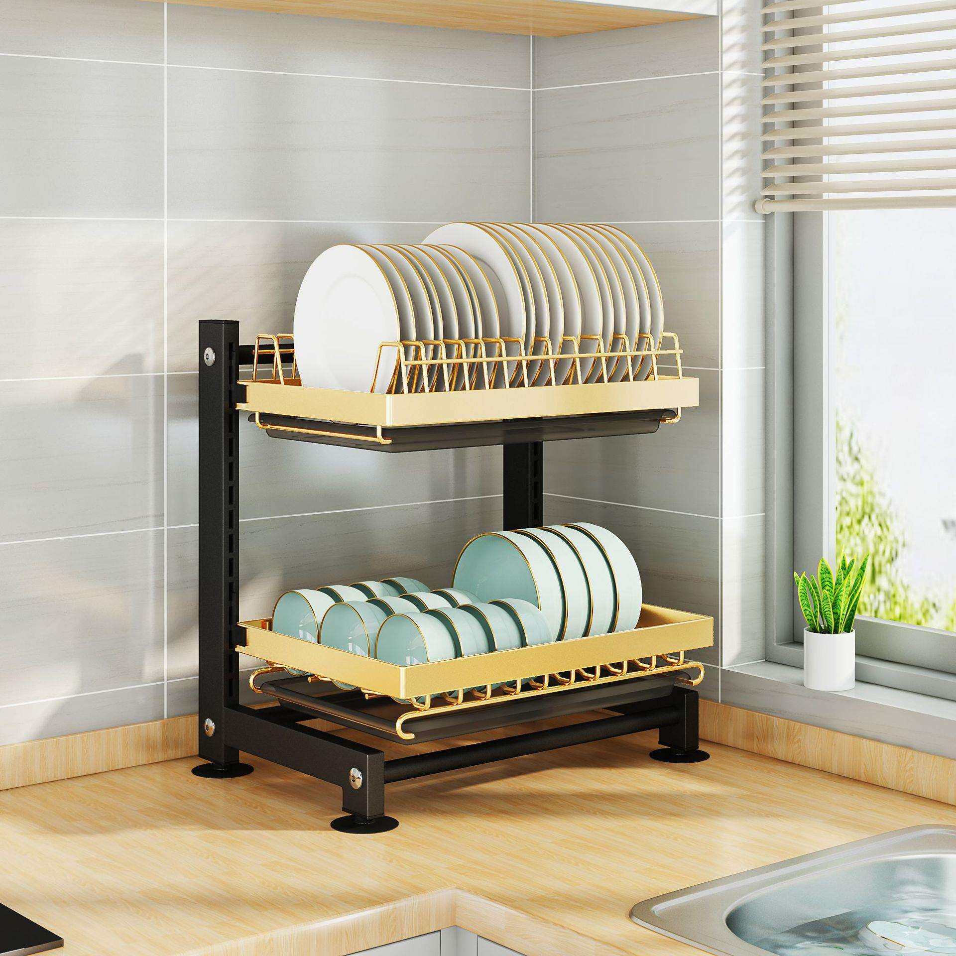 厨房碗盘架沥水篮带挂钩筷子筒碗架分层收纳置物架多功能碗碟架