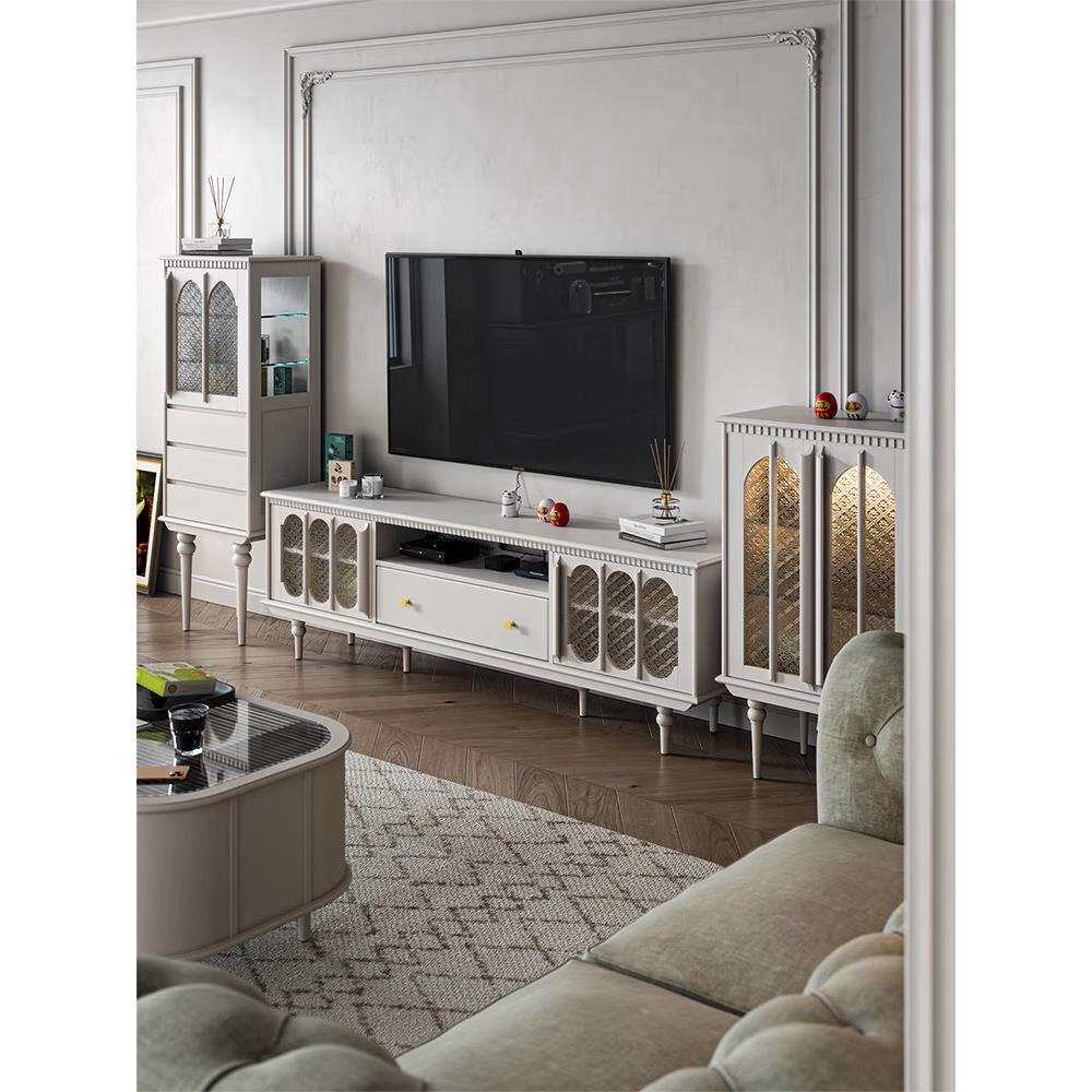 法式黑油白色轻奢感全实木落地电视柜茶几组合小户型客厅家用